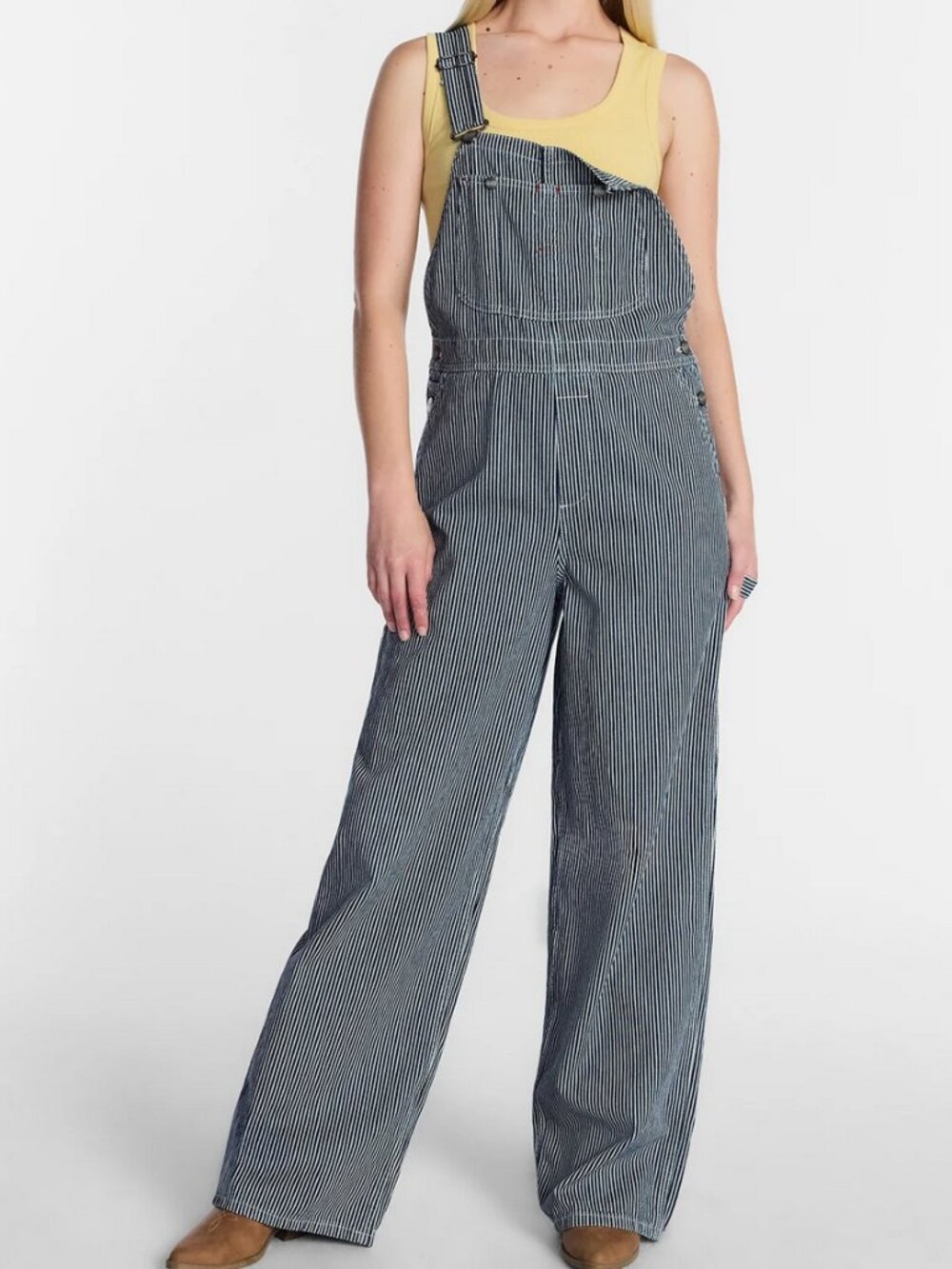 Striped Wide-Leg Overalls in Navy/White